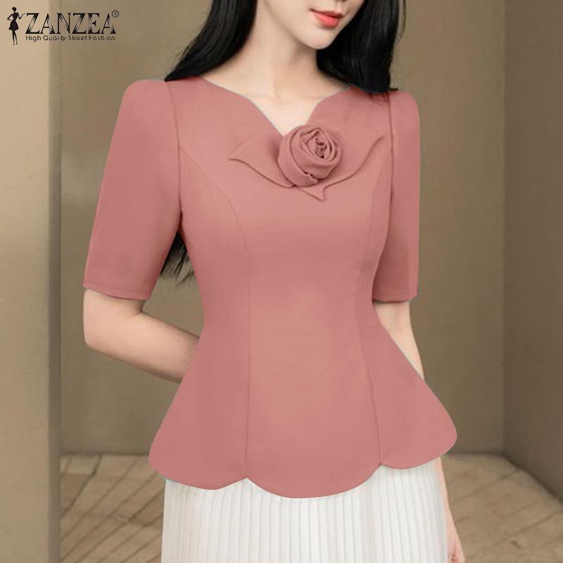 ZANZEA Women V-Neck Summer Short Sleeve Slim Blouse