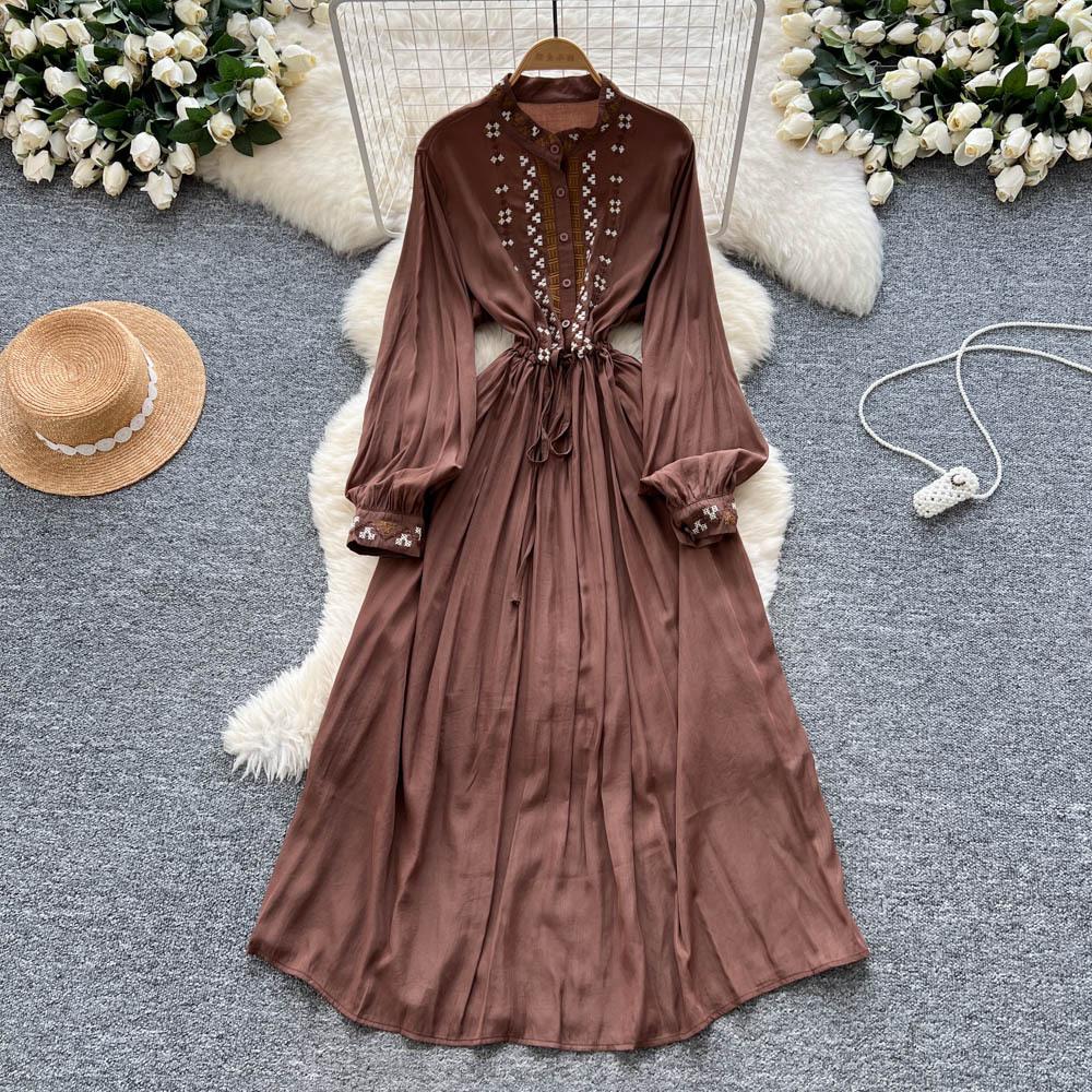 

Платье в ретро этническом стиле с тяжелой вышивкой для женщин, модное, с кисточками на талии, приталенное, богемное, драпированное, с большим подолом, пляжное, длинное One Size кофейный