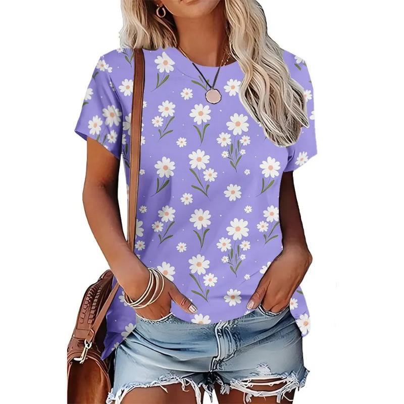 Moda para Mujer Cuello Redondo Manga Corta 3D Casual Estampado a Color Camiseta Casual de Manga Corta con Cuello Redondo