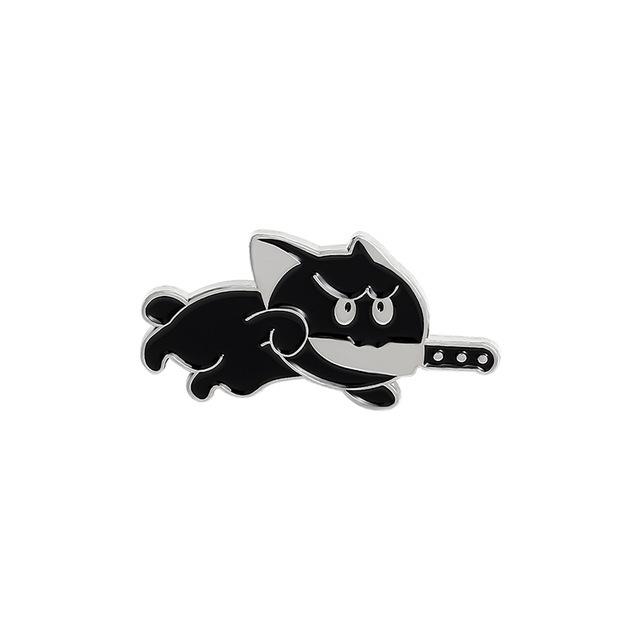 Playful Black Cat Brooch with Knife Design – Unique Animal Accessory