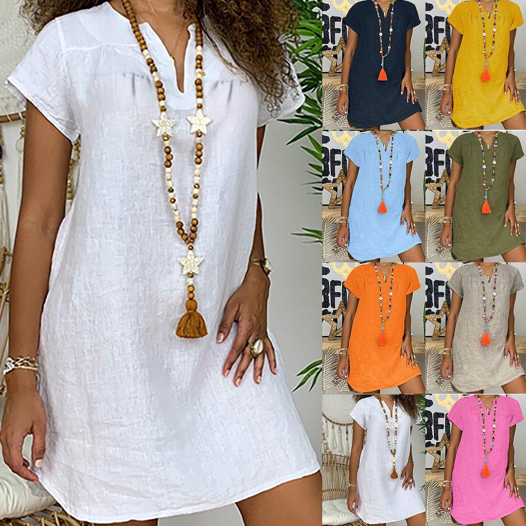 Women's Fashion Summer Loose Skirt Short Sleeve V-Neck Cotton Linen Dress