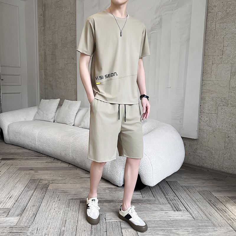 Ice Silk Men's Summer Sports Suit: Trendy Short Sleeve T-shirt & Shorts Set