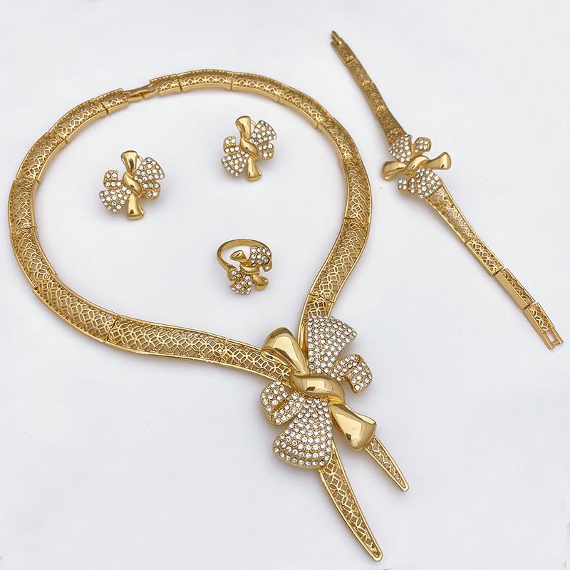 Italy 18k Gold Plated Women Zircon Set Classic Design Bowknot Necklace Earring Bracelet And Ring 4PCS Set Zircon Wedding Party