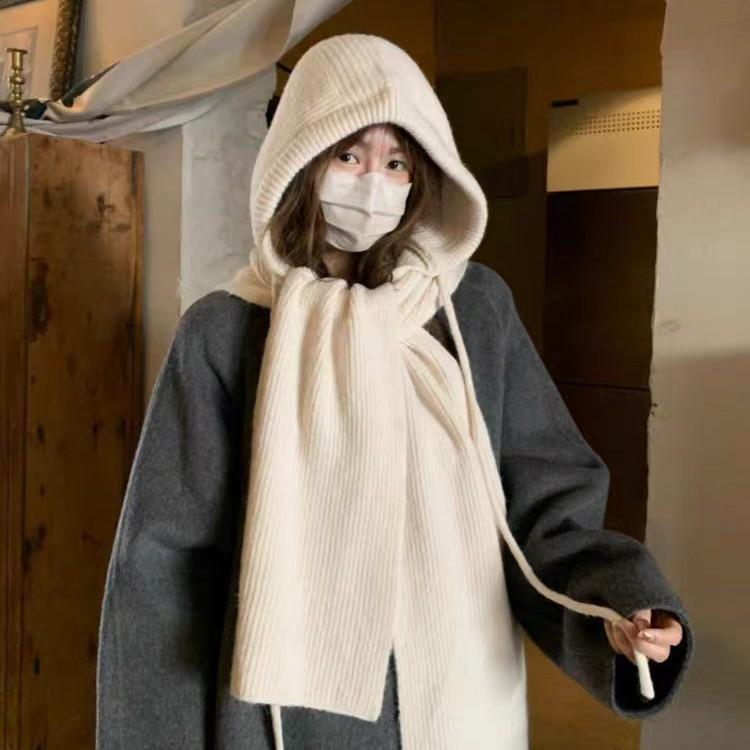 Korean knitted hat and scarf integrated women's autumn and winter new warm thickened ear protectors wool balaclava hat