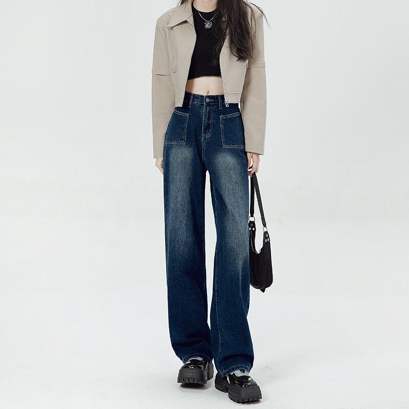 

Новая весенне-осенняя уличная одежда, широкие прямые корейские женские модные винтажные джинсовые брюки с высокой талией, женские свободные длинные джинсы в стиле Харадзюку XL синий