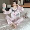 Pajamas Women's Spring and Autumn Ice Silk Long-sleeved Large-size Lapel Suit Can Be Worn Outside Summer New High-end Light Luxury Loungewear