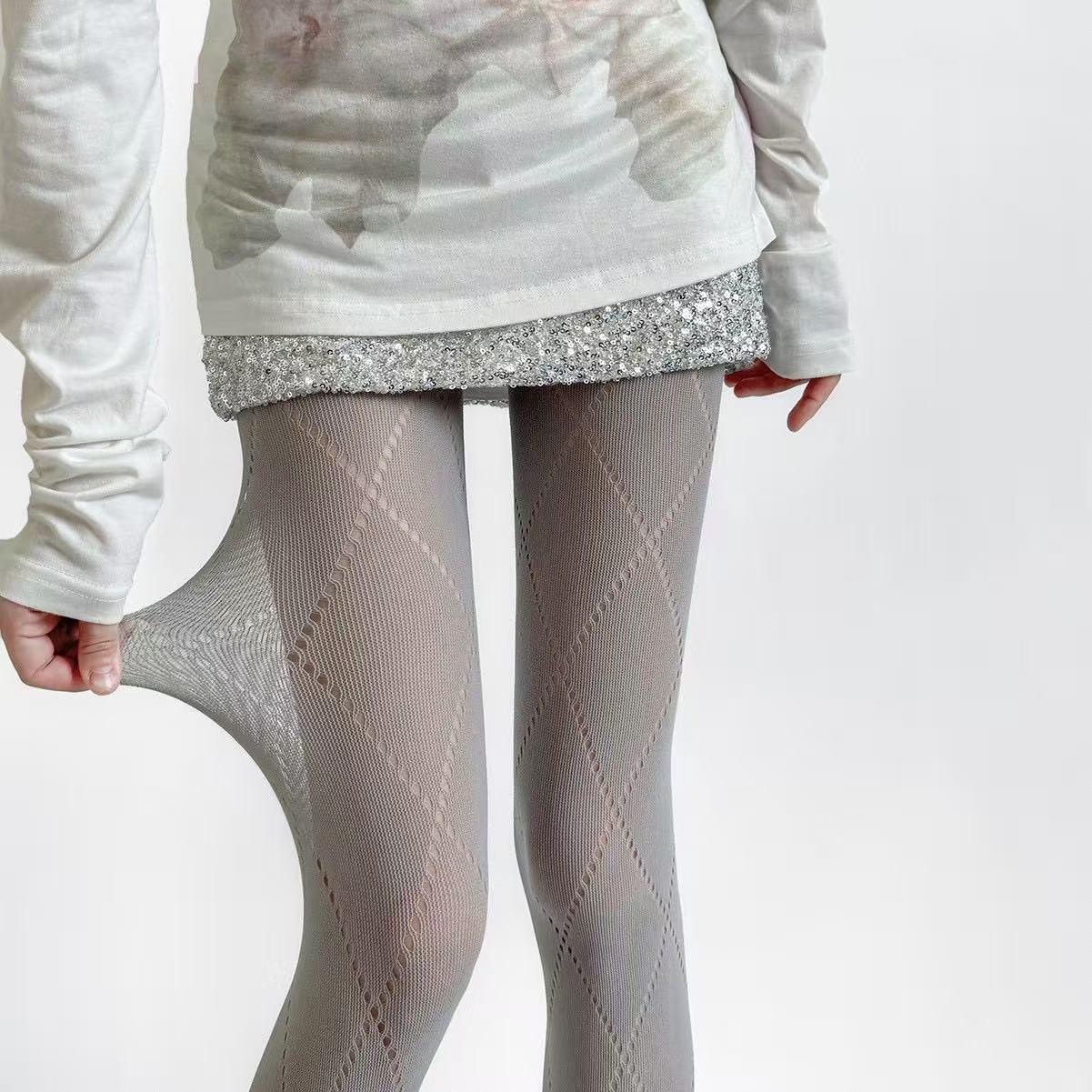 

Miu Style High Elasticity Gray Diamond Pattern Tights - Autumn Slimming Base Layer Pants with Hollow Diamond Design One Size
