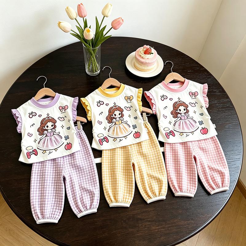 Girls Summer Sweet Princess Outfit Floral Ruffle T Shirt And Plaid Jogger Pants Two Piece Set For Kids