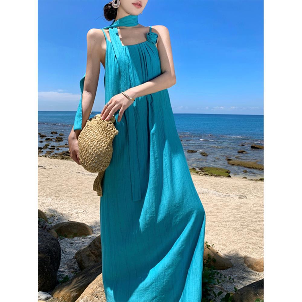 Minze Mambo Seaside Resort Atmosphäre Strandkleid Neck Dress Feenhaftes Temperament Schwingender Rock