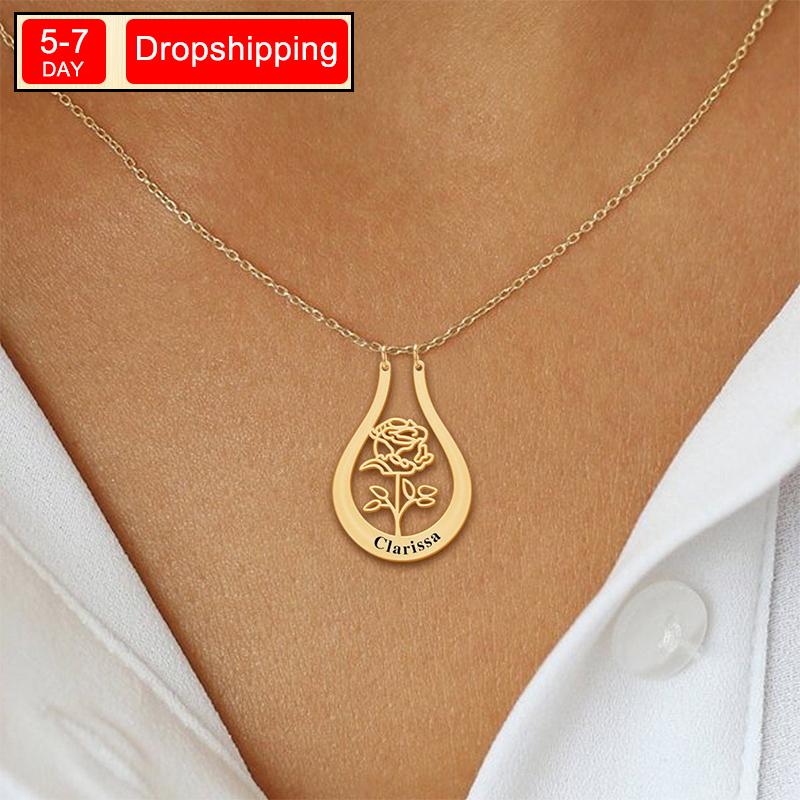 New North Name Necklace Stainless Steel Jewelry Ring Holder 12 Birthday Flower Custom Name Pendant Necklaces for Christmas Gift