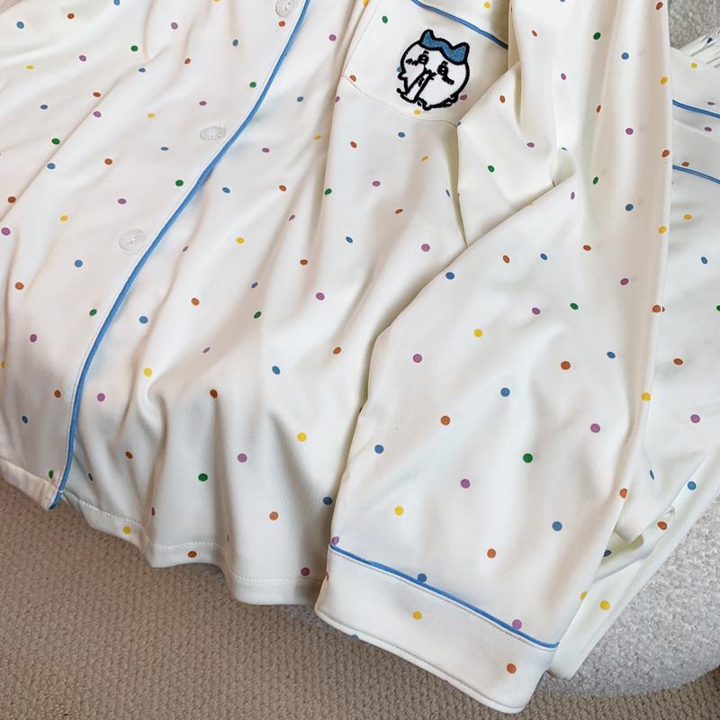 Colorful Polka Dot Cartoon Print Women's Pajamas Korean Style Lazy Breast Silk Pajamas Autumn and Winter New Home Set