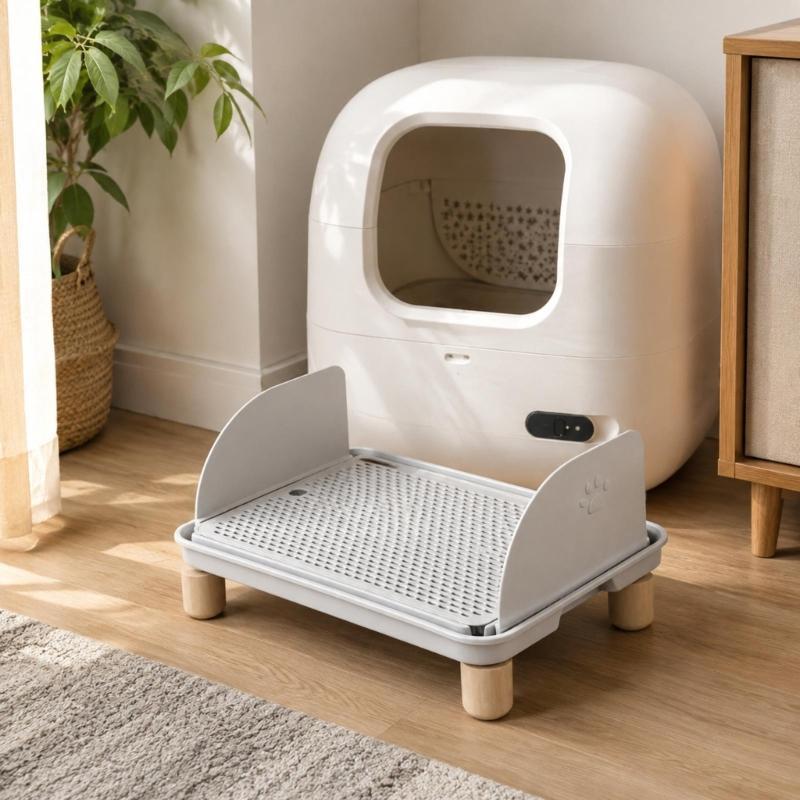 Pet Litter Tray Step with Perforated Top and Entry Platform, Side Guards and Wooden Legs for Kittens Senior Cats Home Daily Y5GB