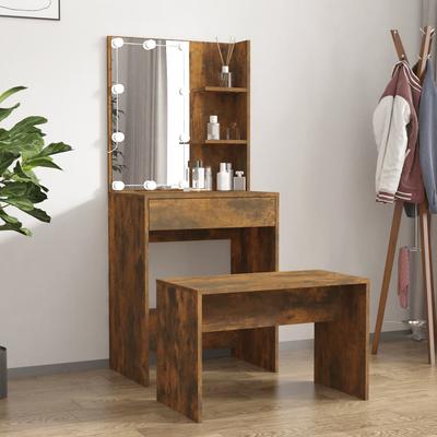 Vidaxl Dressing Table Set with LED Lighting, Smoked Oak