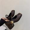 Fashion New Mary Janes Women's Shoes High Heel Spring Square Toe Mid Heels Sandals Designer Shallow Pumps Thick Sole Leather Shoes 35-39