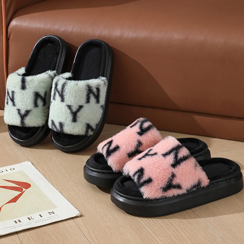 Fashion Fashion Faux Fur Cotton Slippers Women Autumn Winter Letter Print Platform Plush Slides Woman Non-Slip Warm Slipper Female