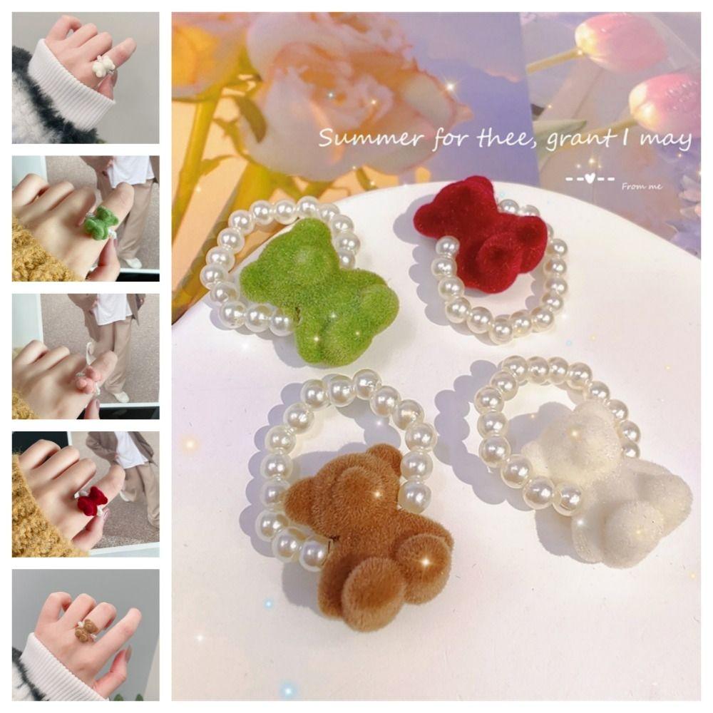 

Elastic Bear Finger Ring Pile Coating Bear Flocking Ring Cute Pearl Ring Gift