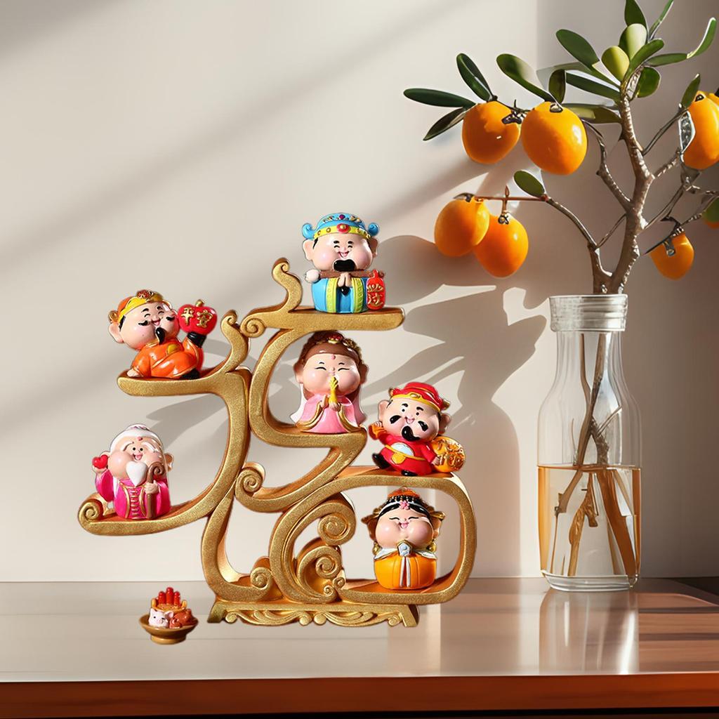 6Pcs Fortune Gods Figurines with Offerings Spring Festival Decor Hand Painted Happy New Year Ornament Desk Sculptures Statues
