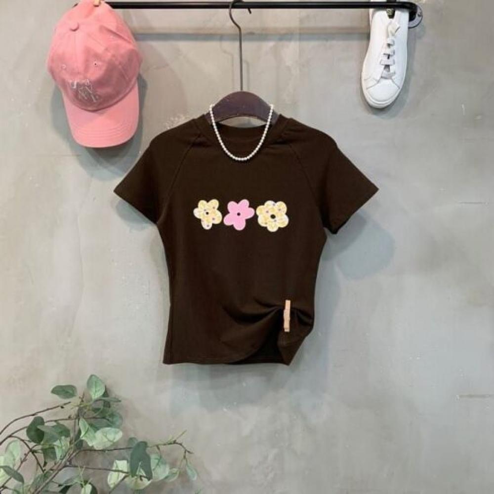 C S In The Room Women S Hado Flower Embroidery paTCh Raglan ShorT Sleeve T ShirT