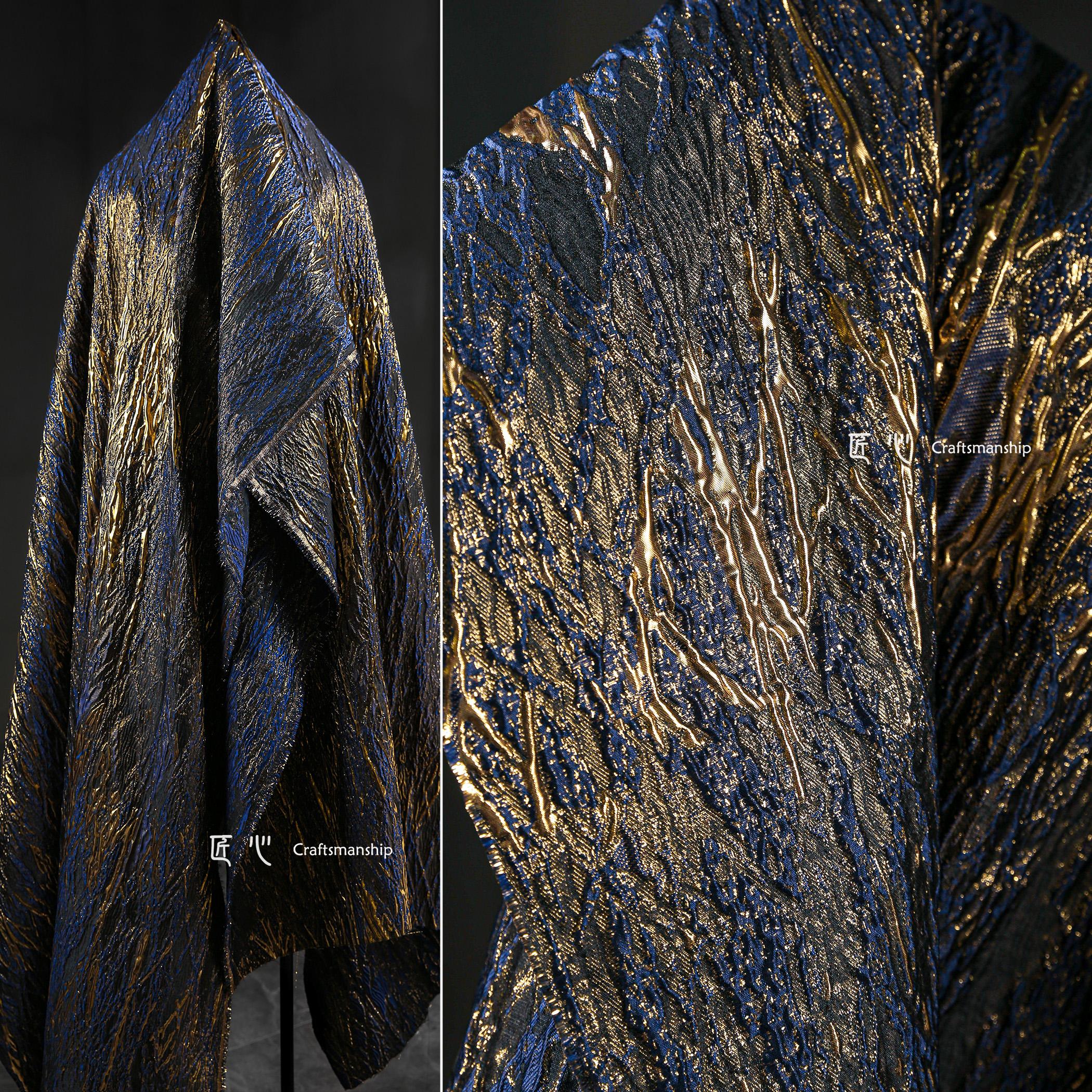 

Blue Golden 3D Embossed Foil Gilded Fabric Brocade Jacquard Gradient Three-dimensional Heavy Texture Pleated Silhouette for DIY 50x142cm