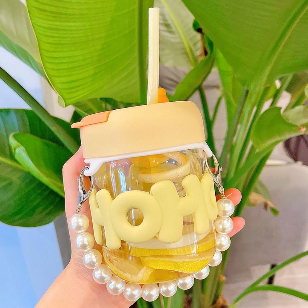 

Cute 350ml Glass Straw Cup with Pearl Bracelet Portable Water Bottle Transparent Double Drinking Cup Outdoor жовтий