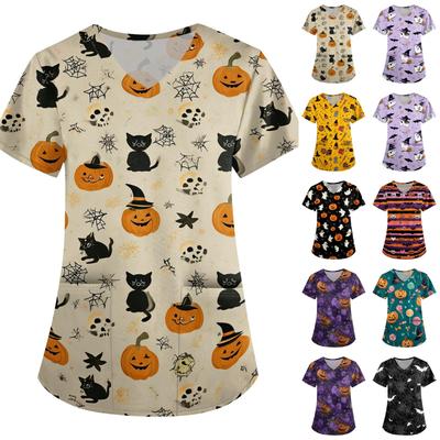 Women Halloween Print Loose Fit V Neck Short Sleeve Scrub Top with Pockets Medical Nurse Uniform Workwear