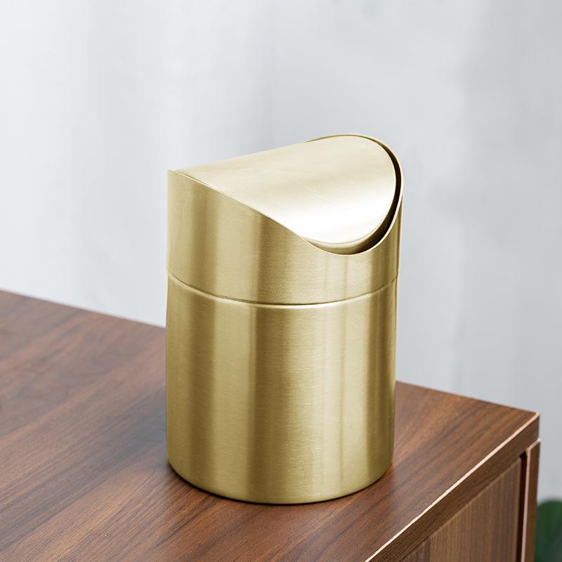 Gold Desktop Trash Can - 304 Stainless Steel Mini Bin with Lid, Light Luxury Storage Basket