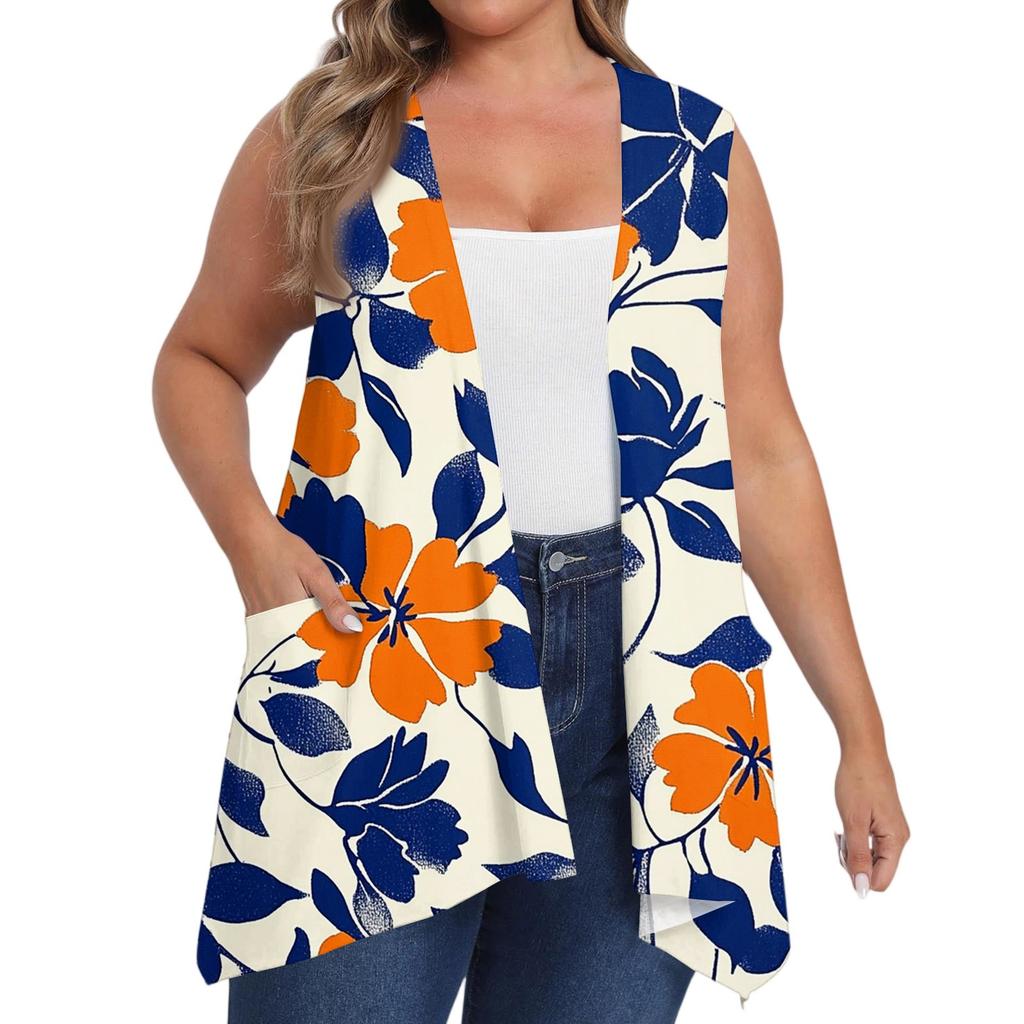 Women's Oversized Loose Casual Printed Sleeveless Vest With Pocket Cardigan Jacket Cardigan Jacket