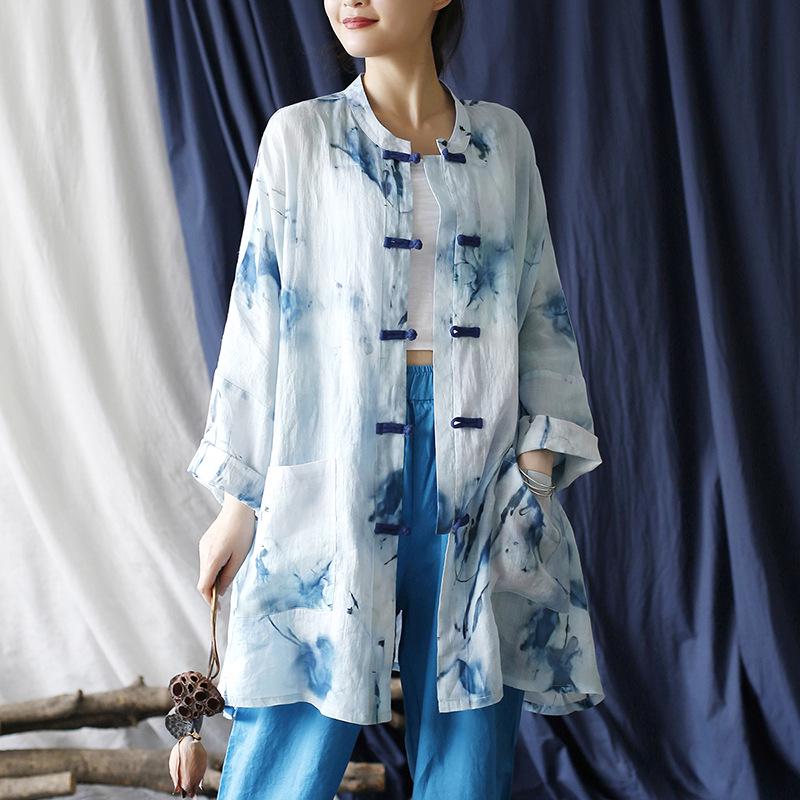 Women's Ethnic Print Retro Stand Collar Midi Shirt with Frog Button, Sun Protection, Loose Fit, Plus Size Outerwear.
