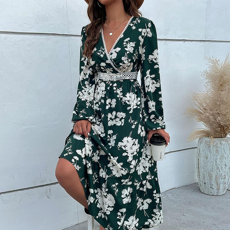 YYFS Abiti casual con scollo a V a maniche lunghe con stampa floreale primavera estate moda donna