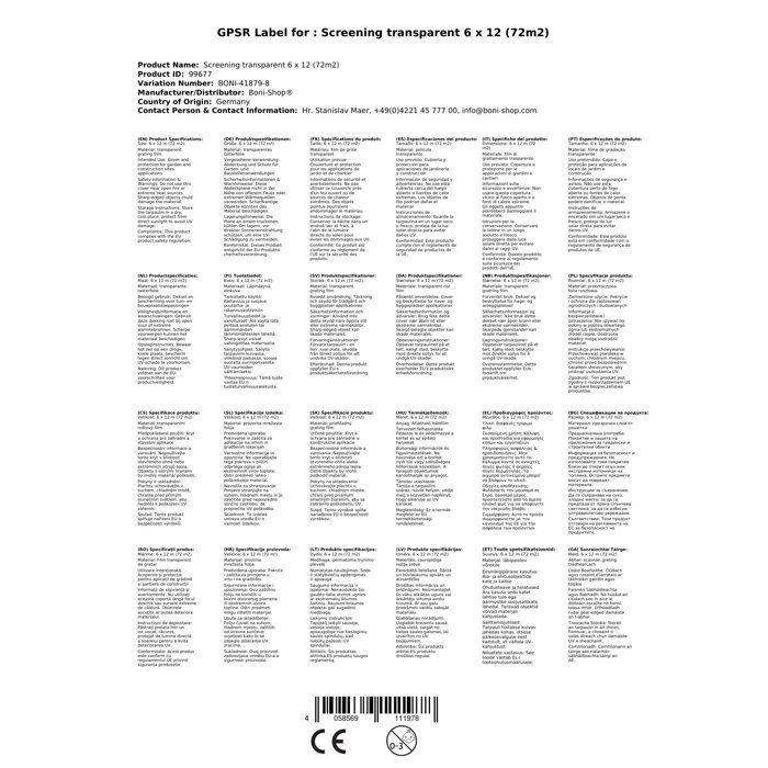 Transparent Tarpaulin Army 6x12m - Reinforced Anti-UV Greenhouse Film