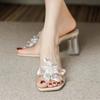 Fashion 2025 New Women's Water Diamond Flower Sandals with Transparent Thick Bottom Party Dress Slippers Mules High Heels