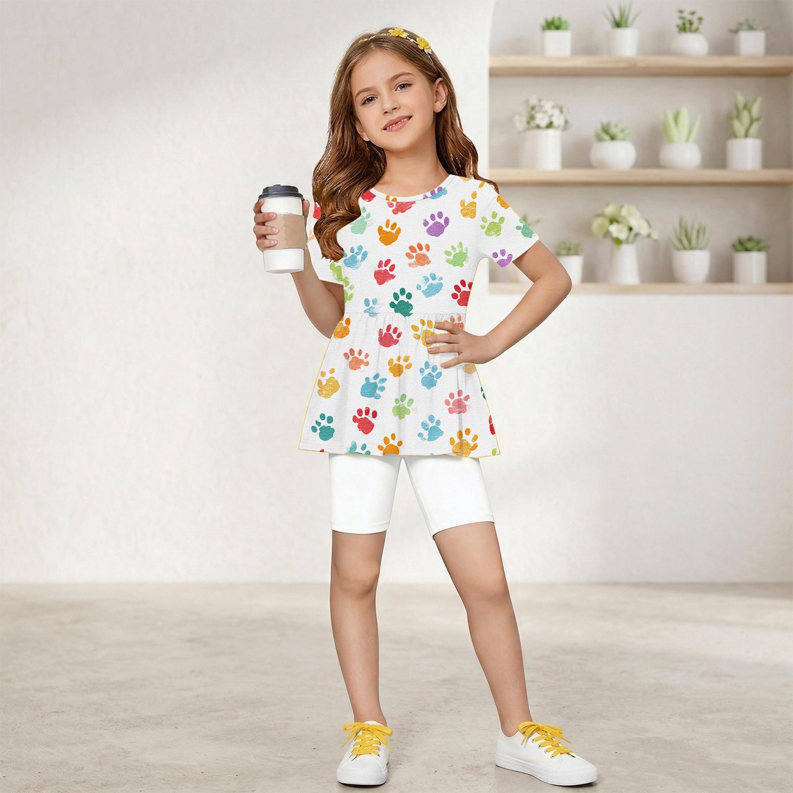 

Fashionable girls summer set short sleeved ruffled hem top+shorts 100 темно-фиолетового