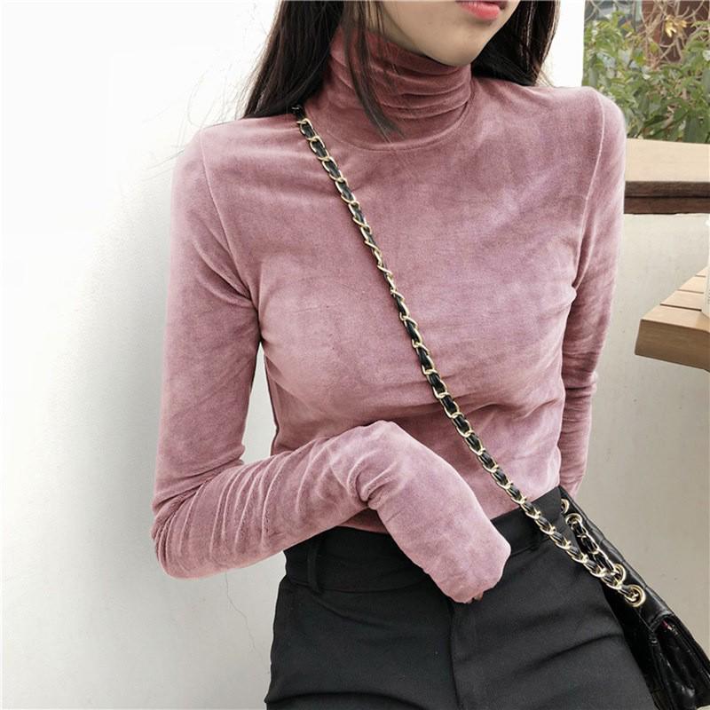 Women's Long-Sleeve Gold Velvet High-Collar Top, Thickened and Warm, Ideal for Spring, Autumn, and Winter.