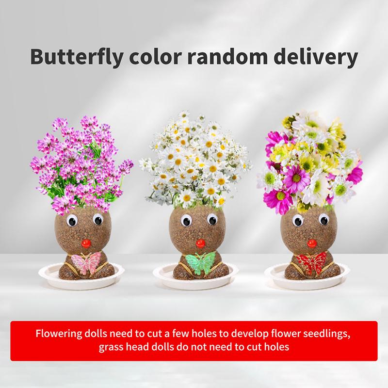 Room Decor Mini Grass Head Doll Small Potted Plant Watering Green Plants Beautiful Children Gifts Indoor Balcony Pot Planters