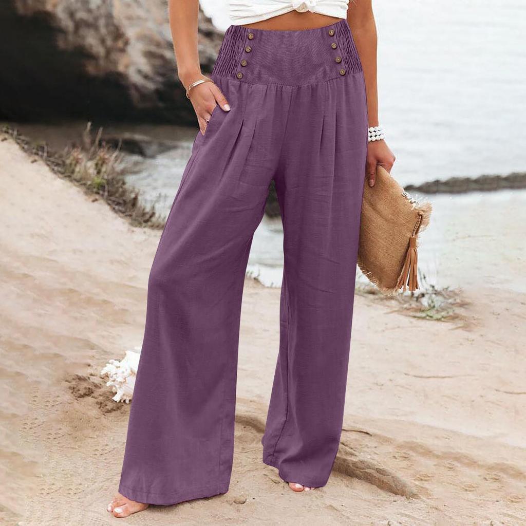 Women's Loose Cotton Linen High Waist Wide Leg Pants - Spring/Summer Casual Elastic Waist