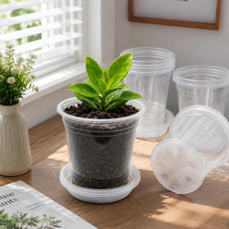 20 See-Through Nursery Pots and 20 Separate Base Plates with Multiple Bottom Drainage Openings for Cuttings, Herbs, and Vegetable Starts