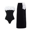 2024 Stylish Black & White 3D Floral Bandeau One-Piece Swimsuit for Women