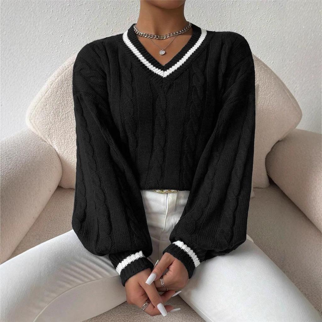 Autumn and Winter Women Temperament Striped Trimmed Twisted Flower Knitted Shoulder Sweater