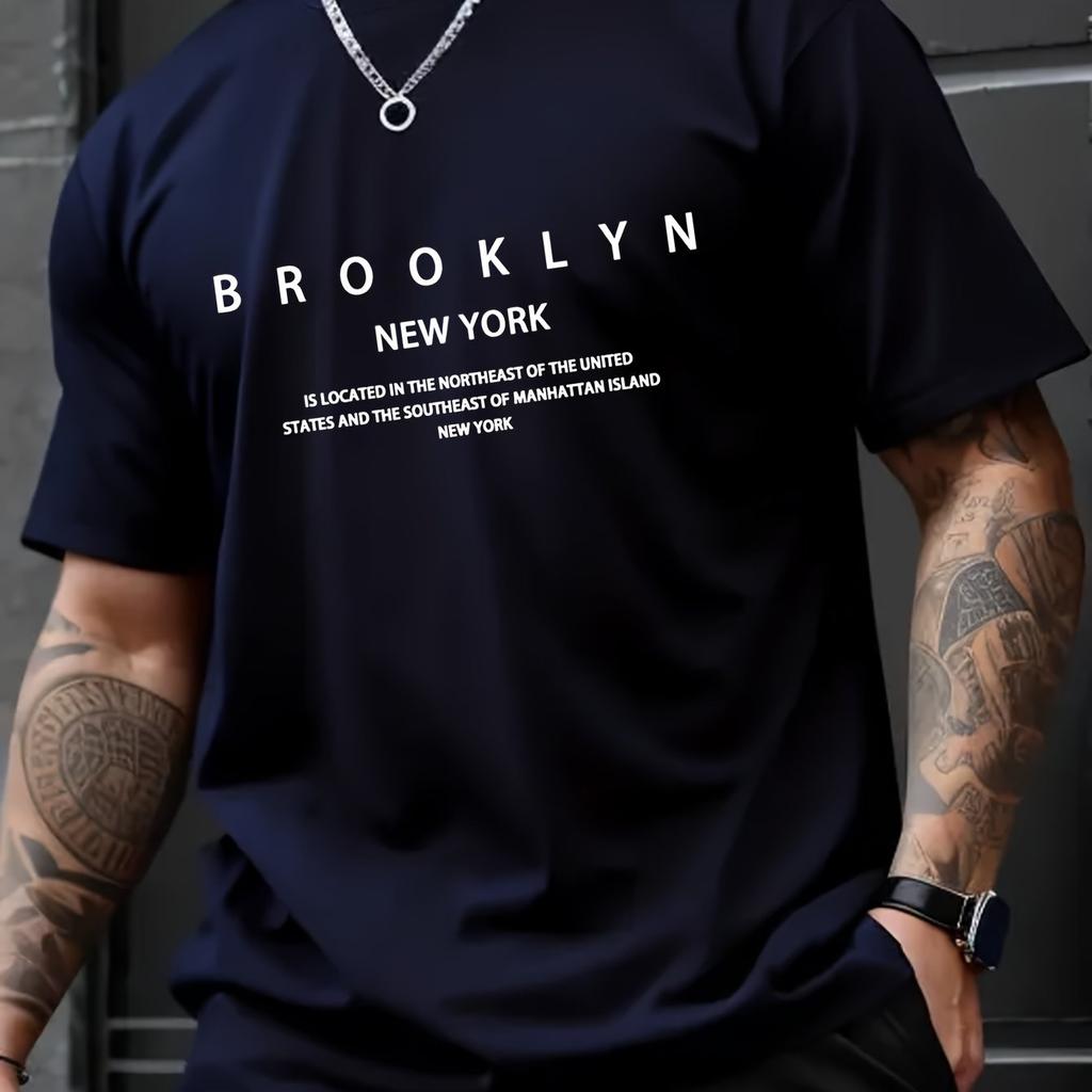 Summer Men's 100% Pure Cotton Casual Loose Plus Size Brooklyn Print Comfortable Sports Round Neck Short Sleeved T-shirt Top