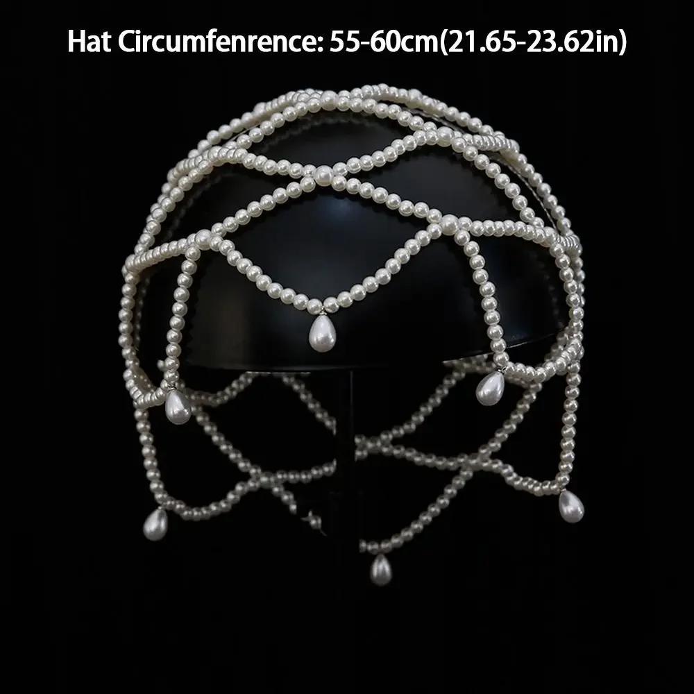 New Handmade Pearls Weave Hat Pearl Beaded Elegant Headwear Tassel Meshes Bride Headpiece Women
