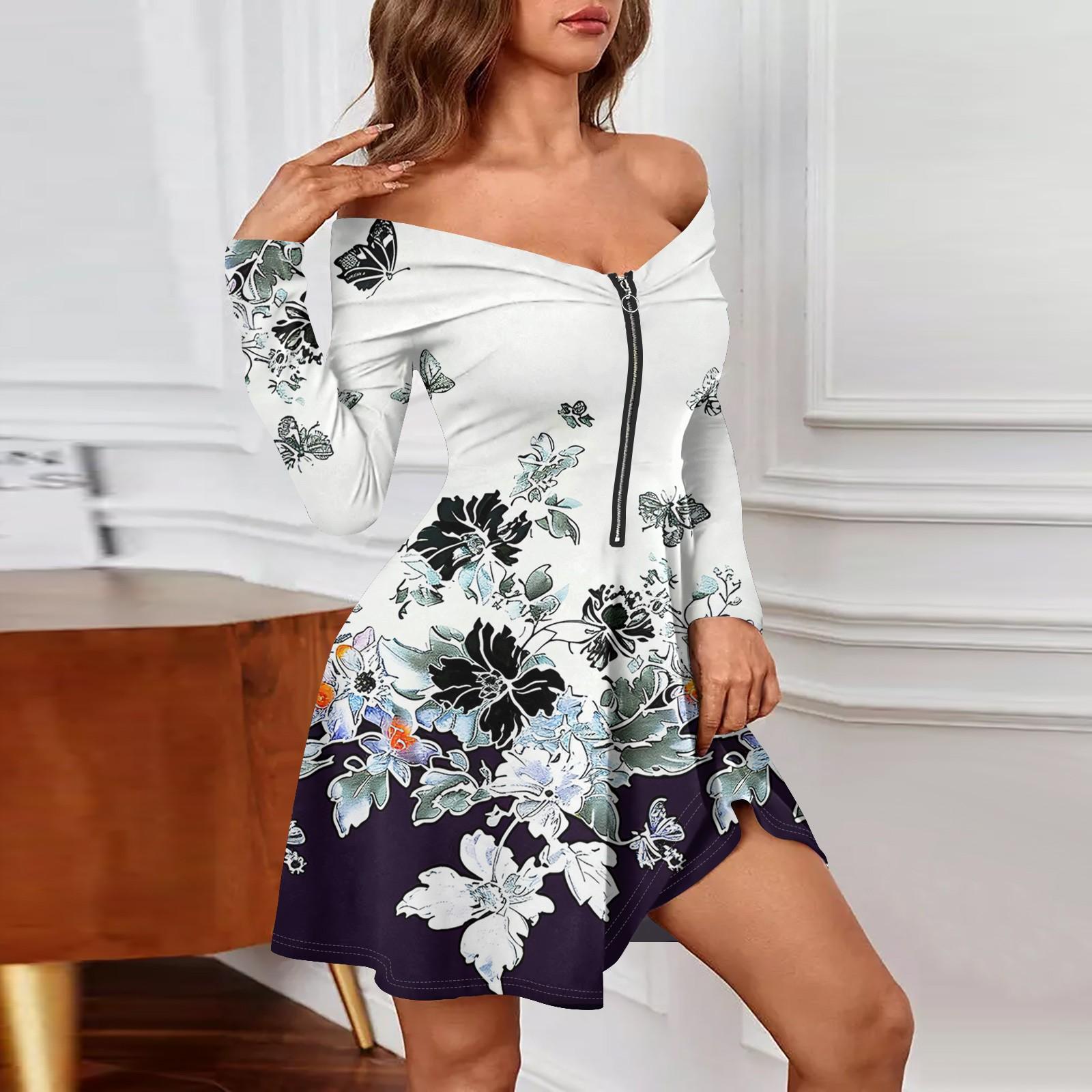 

Женские повседневные модные сексуальные платья с открытыми плечами и длинным рукавом с принтом на молнии XL белый