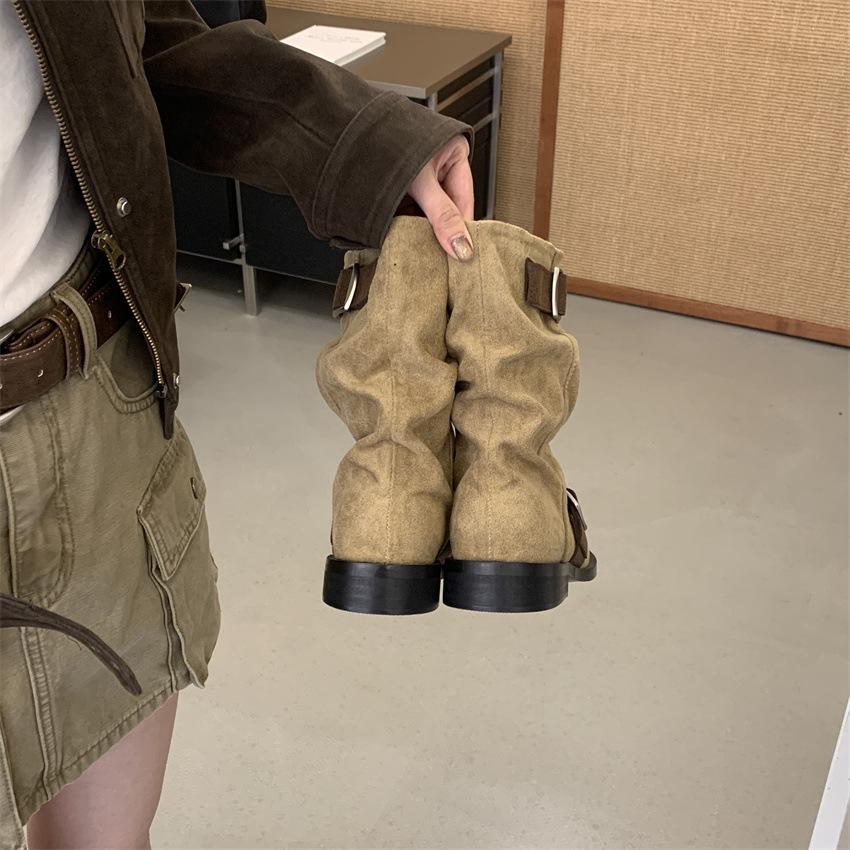 Spring and Autumn Fashion Versatile Fashion Boots Women's Round Head Belt Buckle Pile Boots Low Heel Martin Boots Medium Boots Tide