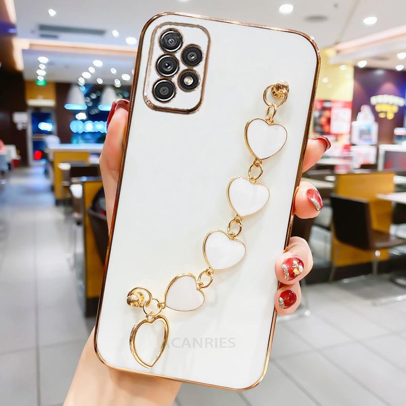 Fashion Plating Love Heart Náramek Řetízkové pouzdro pro Samsung Galaxy A53 A33 A73 A23 A13 A32 A52 A52S 4g 5g Band Cover On A 53 52 S