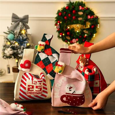 Christmas Knitted Gift Bag Women Casual Tote Bag Xmas Eve Apples Gift Handbag Large Capacity Shopping Bag 2026 New Year Gift
