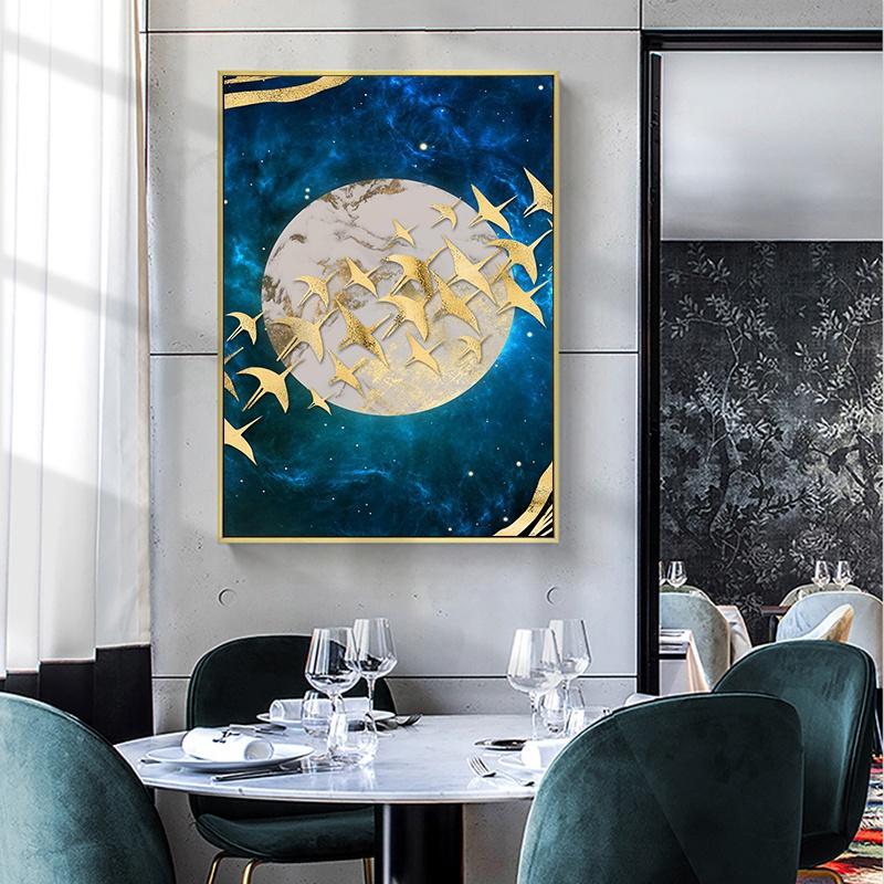 Unframed Abstract Golden Moon Canvas Art Painting Mountain Birds Nordic Posters and Prints Wall Pictures for Living Room Bedroom Home Decor