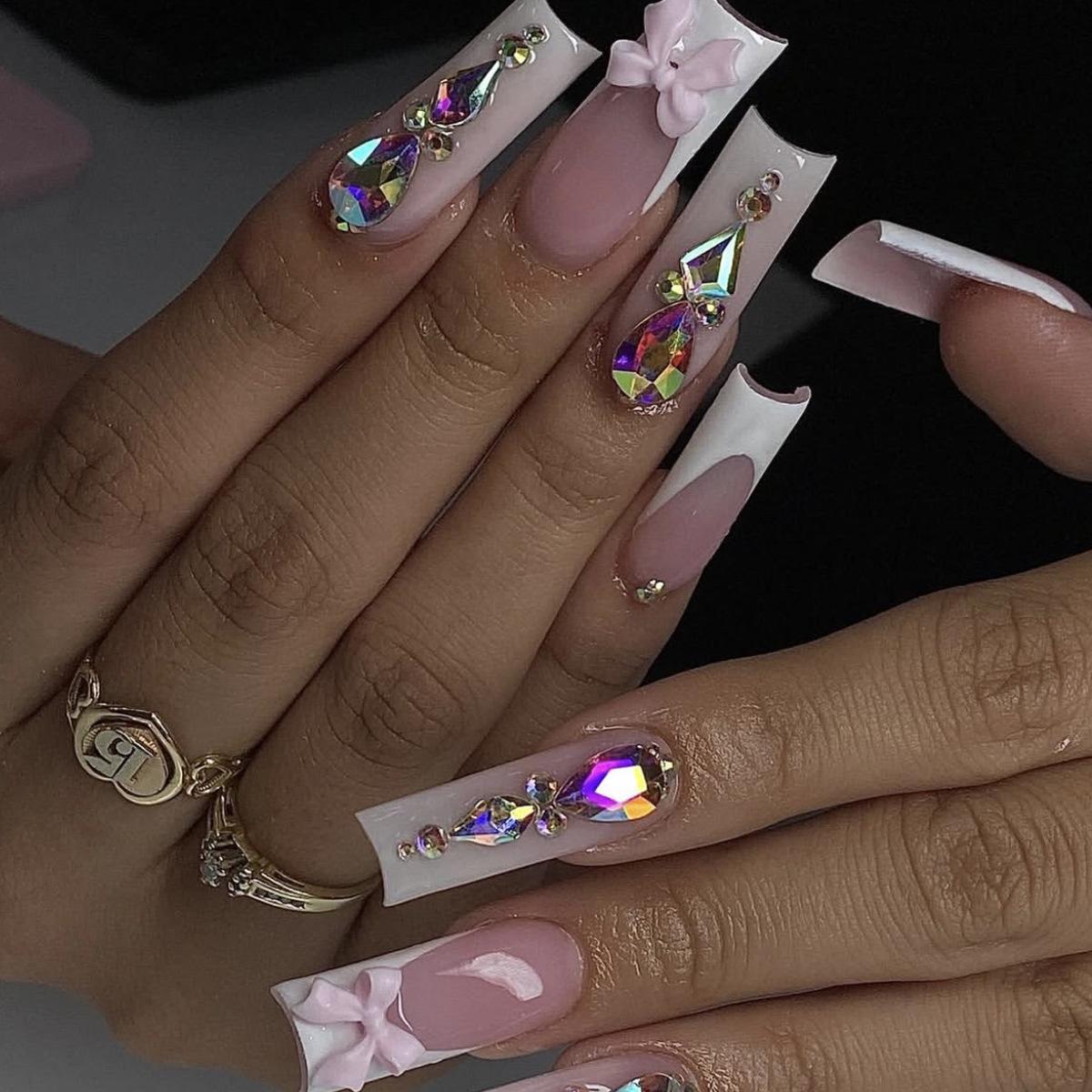 

Luxury White Gradient French Tip Nails with Bow and Diamond Accents