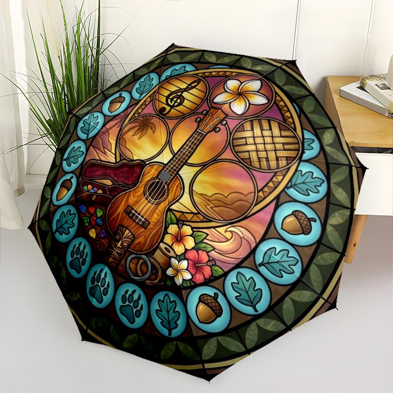 Hawaiian Music Glass pattern umbrella, portable and foldable design, 8 ribs, a casual accessory for Halloween, Christmas, and birthday gifts.
