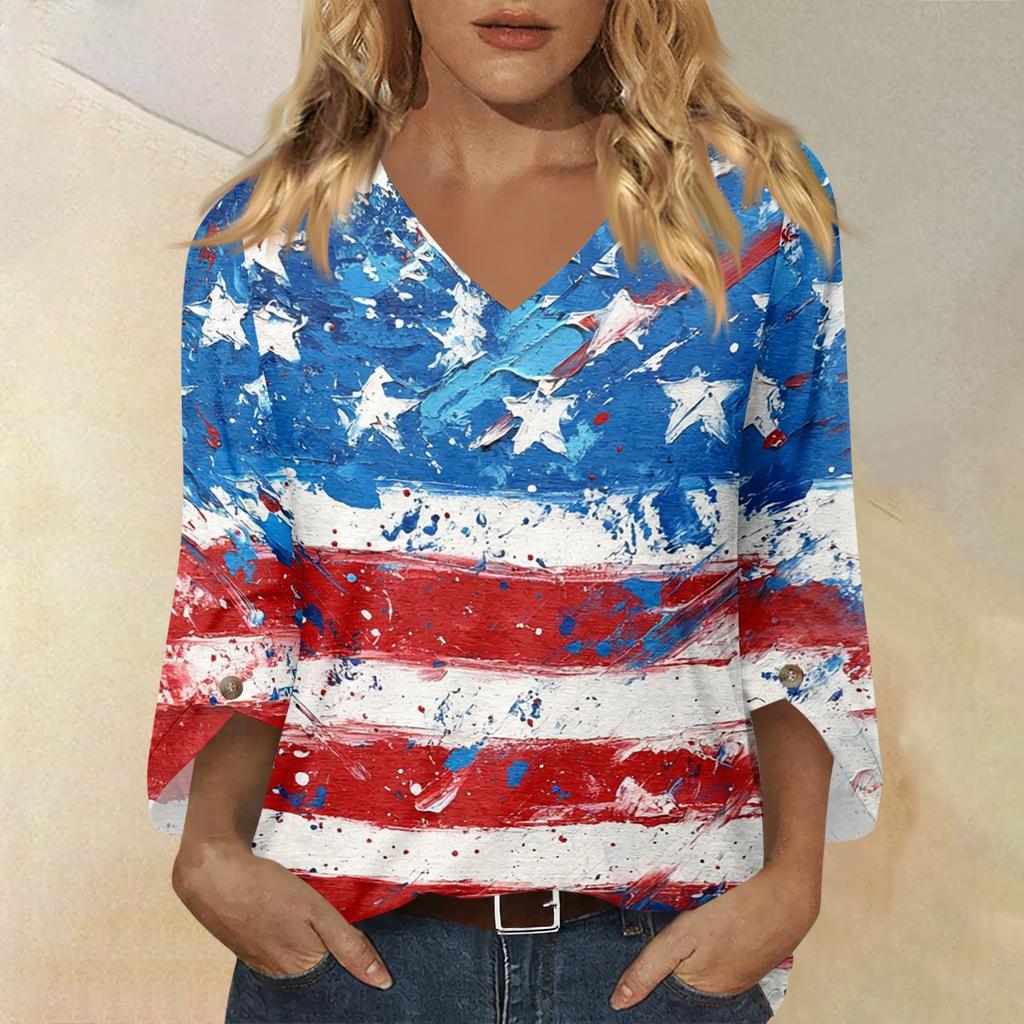 Womens Casual V Neck Three Quarter Sleeve T Shirt Top with Printed Pattern Relaxed Fit Comfortable Lightweight Design