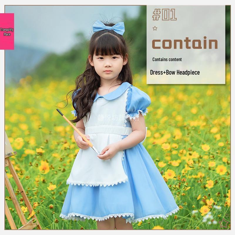 Blue Alice in Wonderland Children s Maid Cosplay Dress for Halloween & Lolita Performance 140 cm