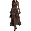 women's floral print sheer mesh mock neck flounce long sleeve high waist tiered ruffle maxi bodycon dress with lining